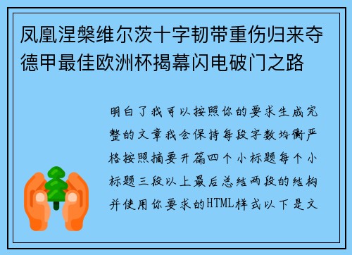 凤凰涅槃维尔茨十字韧带重伤归来夺德甲最佳欧洲杯揭幕闪电破门之路