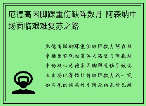 厄德高因脚踝重伤缺阵数月 阿森纳中场面临艰难复苏之路 厄德高因脚踝重伤缺阵数月 阿森纳中场面临艰难复苏之路