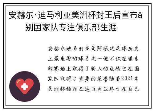 安赫尔·迪马利亚美洲杯封王后宣布告别国家队专注俱乐部生涯 安赫尔·迪马利亚美洲杯封王后宣布告别国家队专注俱乐部生涯