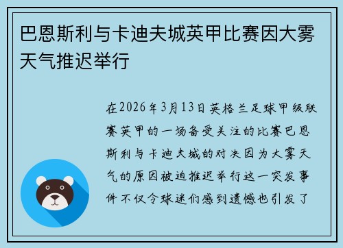 巴恩斯利与卡迪夫城英甲比赛因大雾天气推迟举行