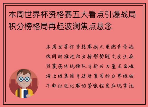 本周世界杯资格赛五大看点引爆战局积分榜格局再起波澜焦点悬念 本周世界杯资格赛五大看点引爆战局积分榜格局再起波澜焦点悬念